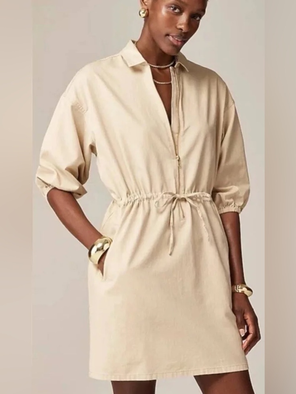J. Crew Cotton Cinched Waist Zip Up Three Quarter Sleeve Shirt Dress XS